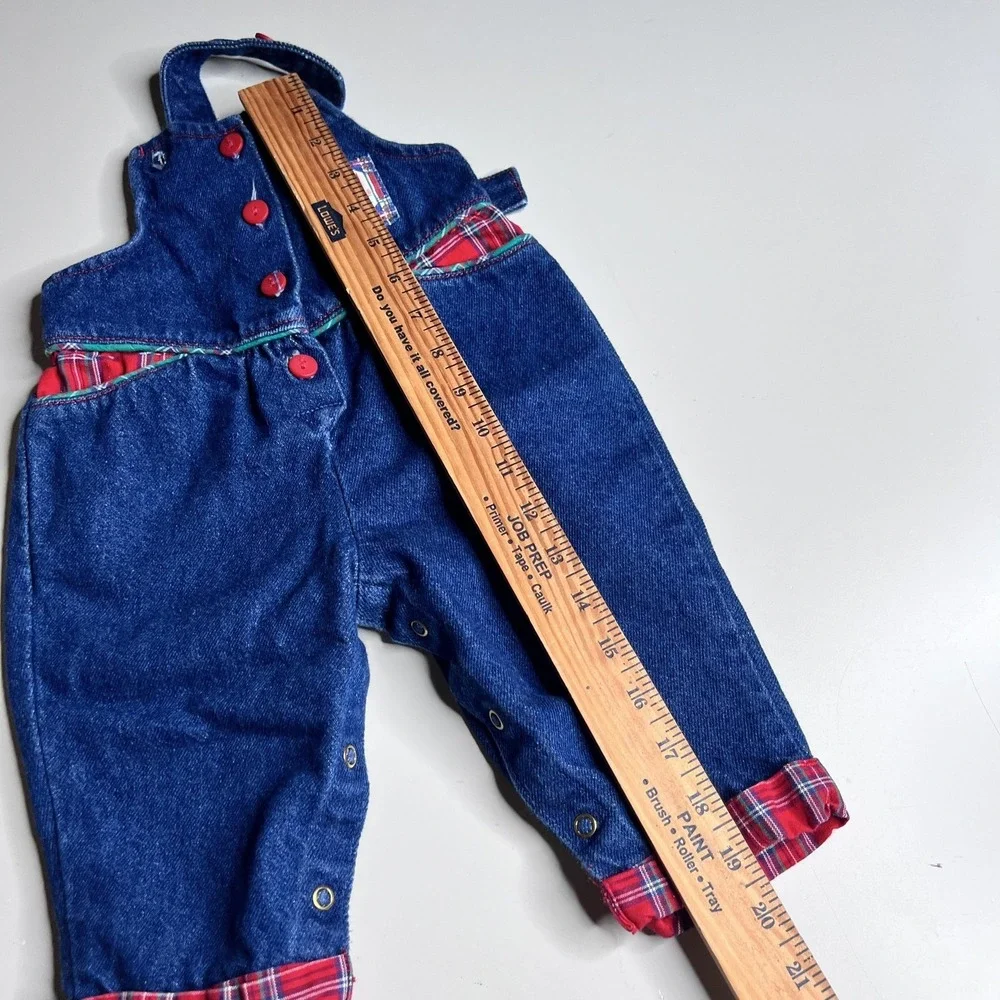 Vintage OshKosh B'gosh Overalls Girls 3-6 Months Blue Denim Plaid Vestbak Romper